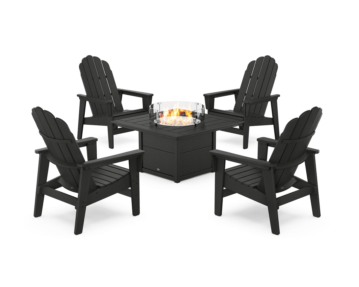 POLYWOOD 5-Piece Vineyard Grand Upright Adirondack Conversation Set with Fire Pit Table in Black