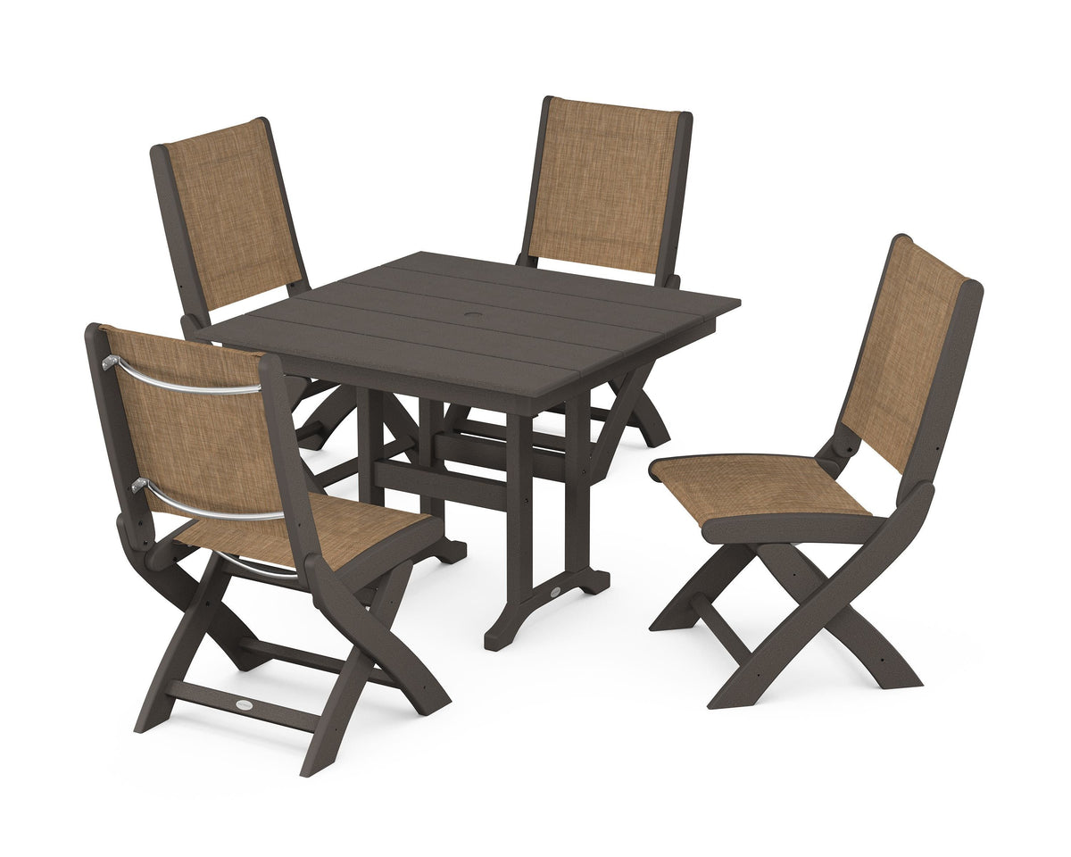 POLYWOOD Coastal Folding Side Chair 5-Piece Farmhouse Dining Set in Vintage Coffee / Burlap