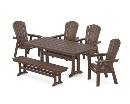 POLYWOOD Nautical Curveback Adirondack 6-Piece Dining Set with Trestle Legs and Bench in Mahogany