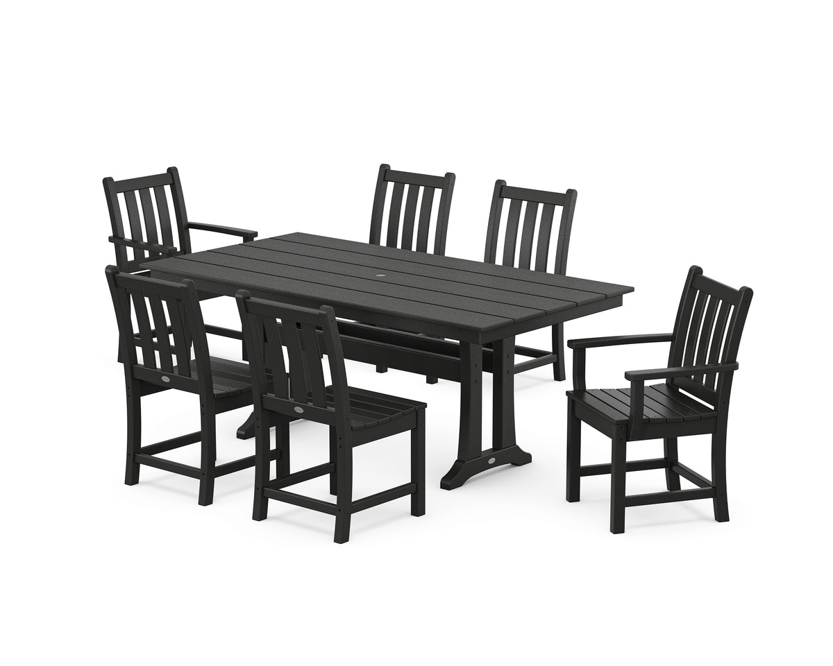 POLYWOOD Traditional Garden 7-Piece Farmhouse Dining Set with Trestle Legs in Black