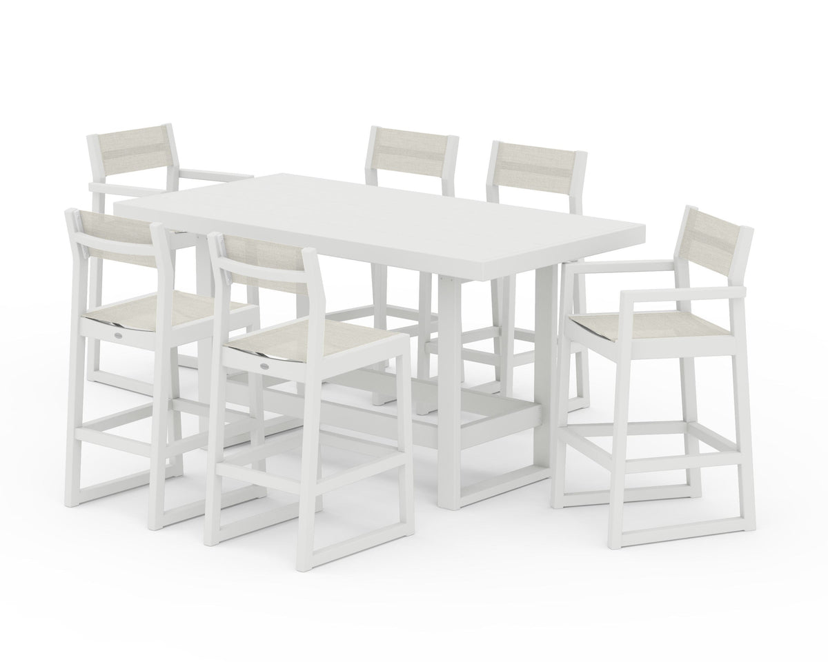 POLYWOOD EDGE Sling 7-Piece Bar Table Set in Vintage White / Parchment