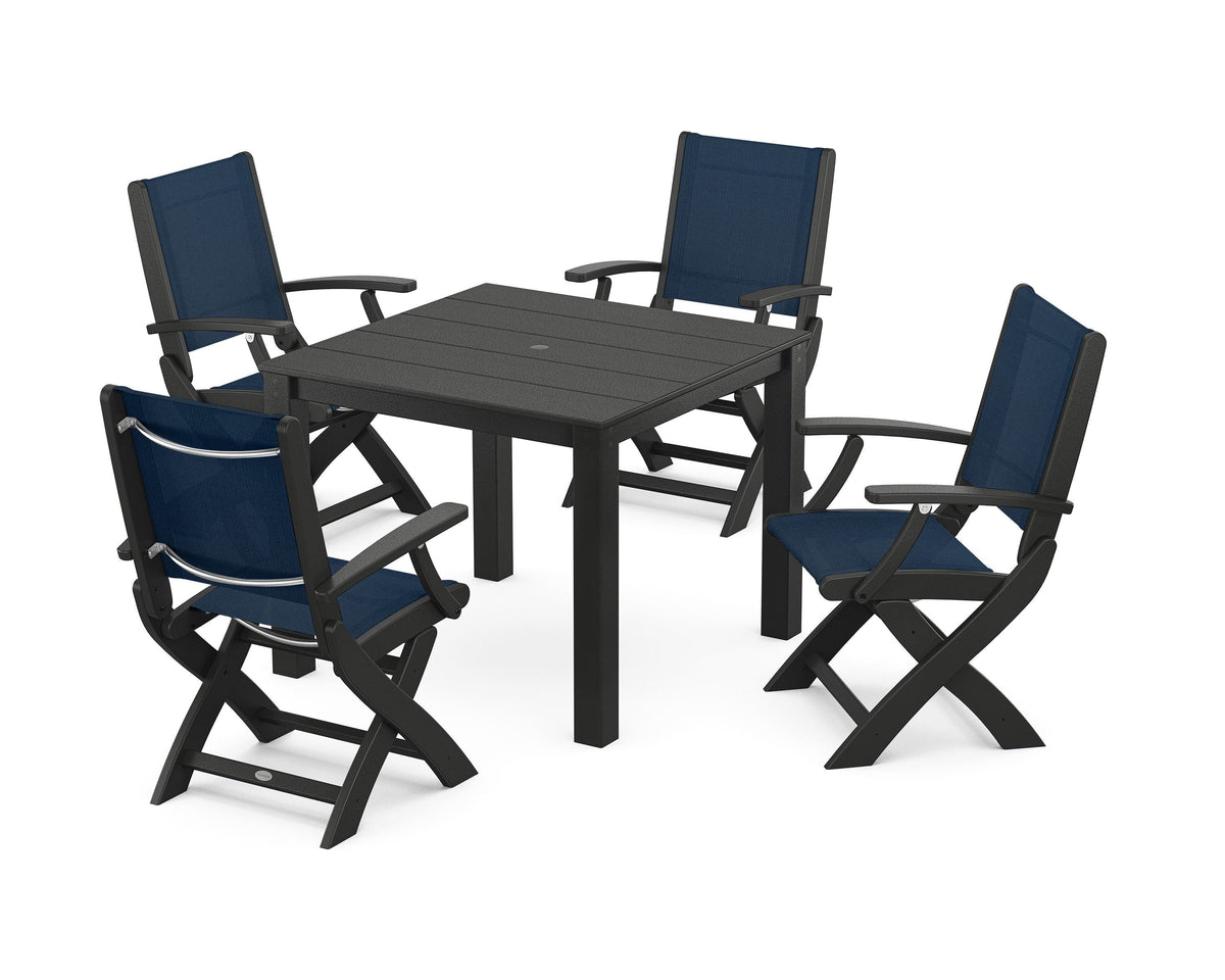 POLYWOOD Coastal Folding Chair 5-Piece Parsons Dining Set in Black / Navy Blue
