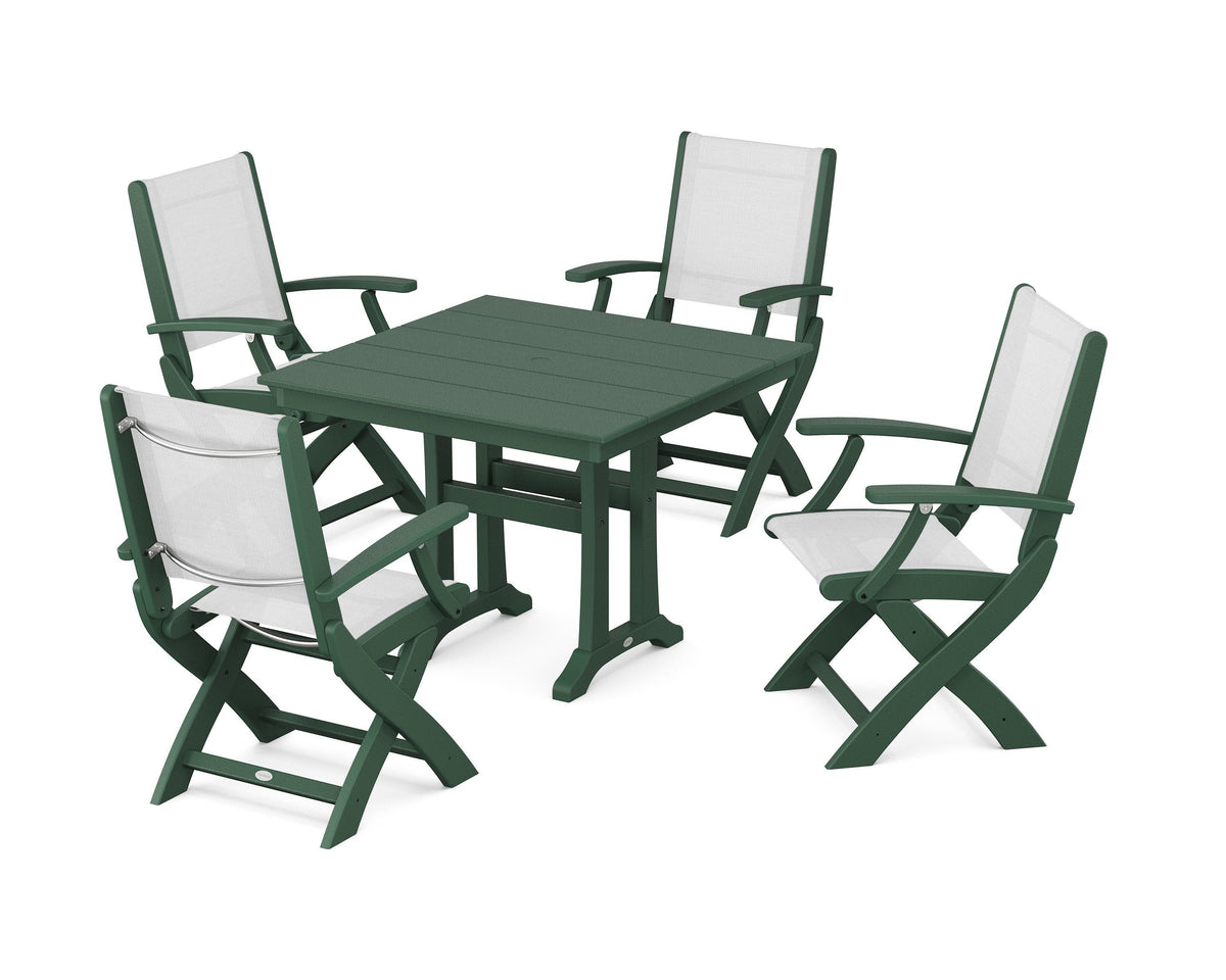 POLYWOOD Coastal Folding Chair 5-Piece Farmhouse Dining Set With Trestle Legs in Green / White