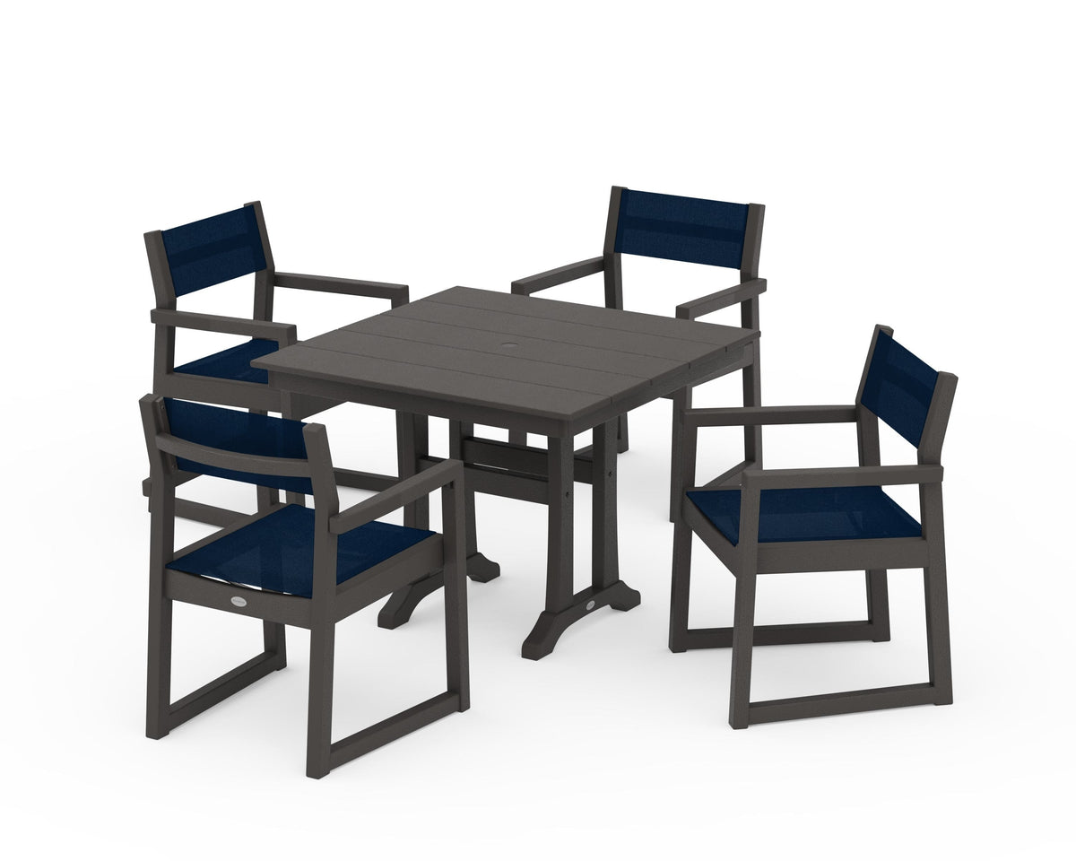POLYWOOD EDGE Sling 5-Piece Farmhouse Dining Set with Trestle Legs in Vintage Coffee / Navy Blue