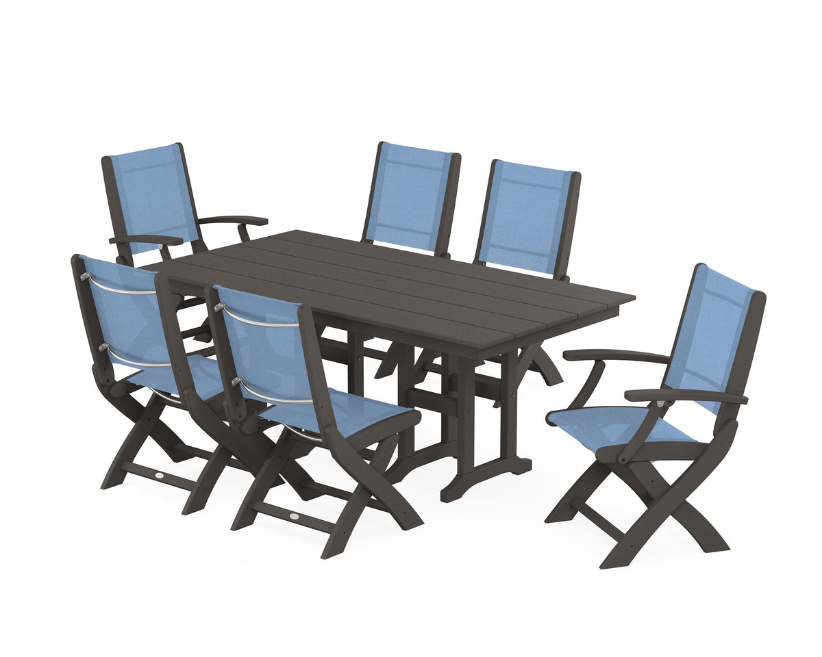 POLYWOOD Coastal Folding Chair 7-Piece Farmhouse Dining Set in Vintage Coffee / Poolside
