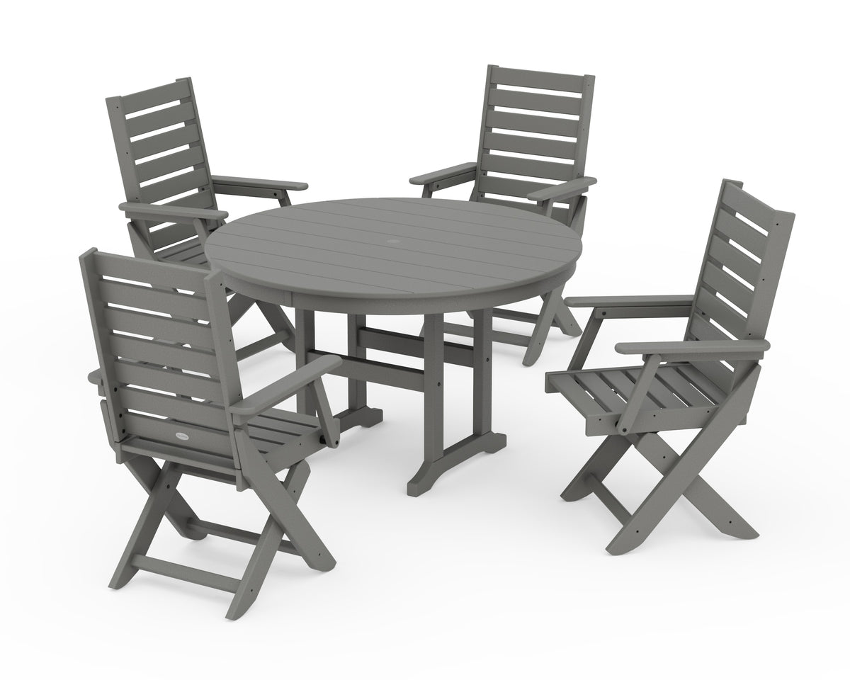 POLYWOOD Captain Folding Chair 5-Piece Round Dining Set in Slate Grey
