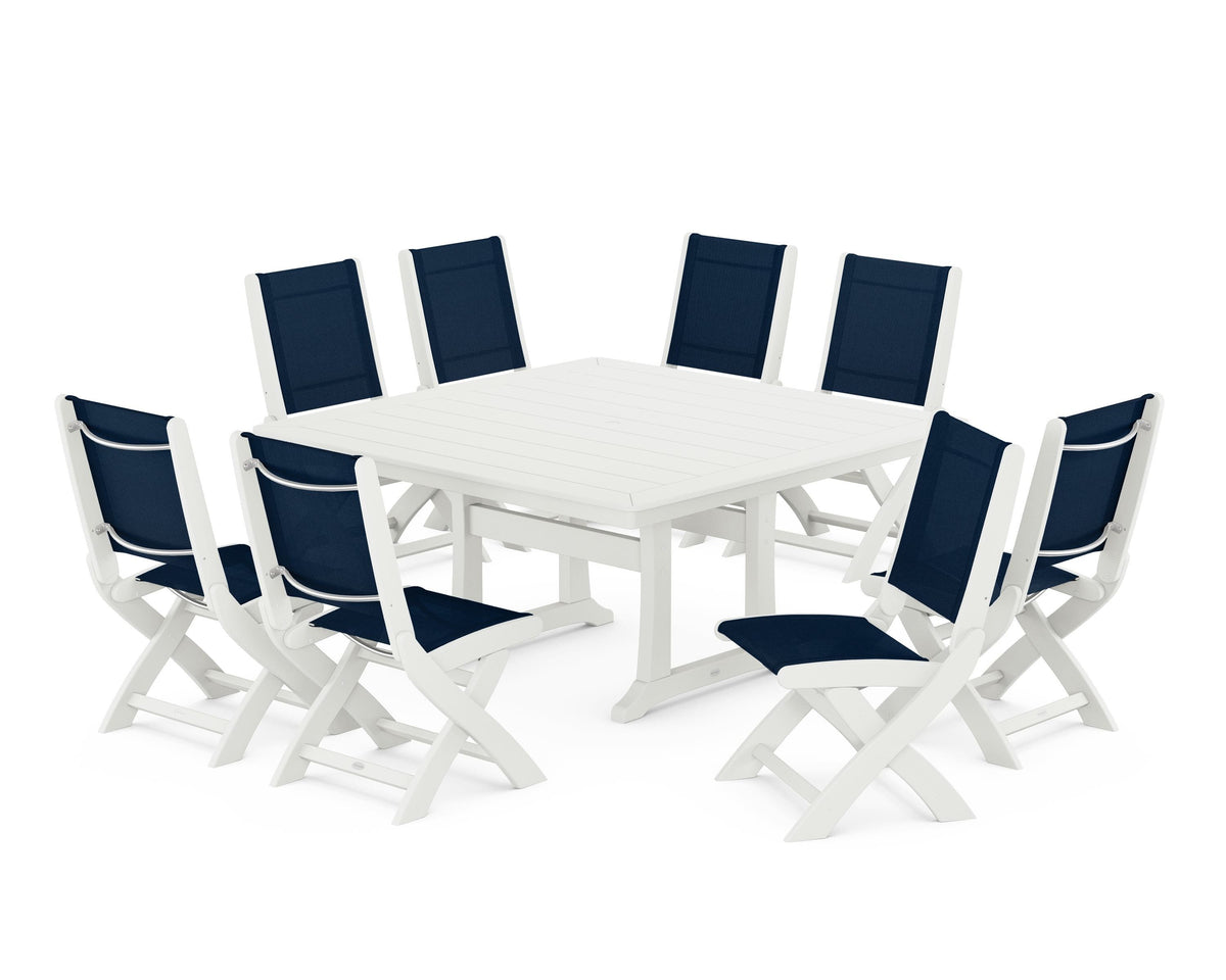 POLYWOOD Coastal Folding Side Chair 9-Piece Dining Set with Trestle Legs in Vintage White / Navy Blue