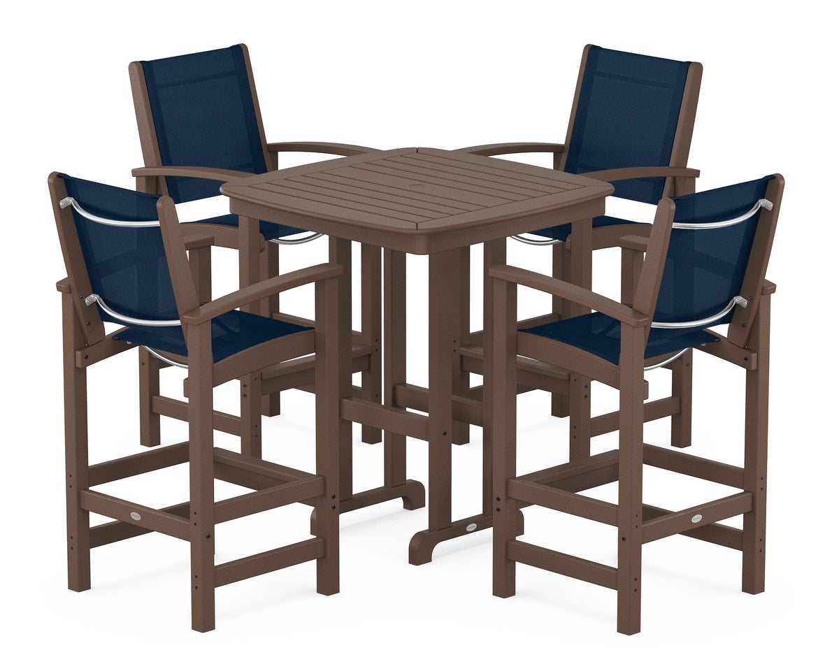 POLYWOOD Coastal 5-Piece Bar Set in Mahogany / Navy Blue