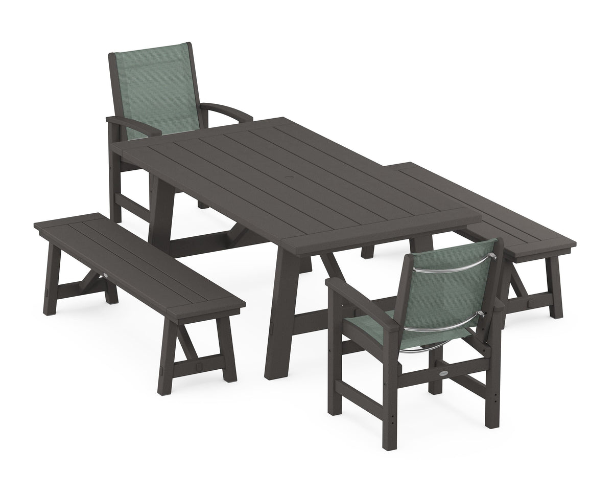 POLYWOOD Coastal 5-Piece Rustic Farmhouse Dining Set With Benches in Vintage Coffee / Dupioni Sea Mist