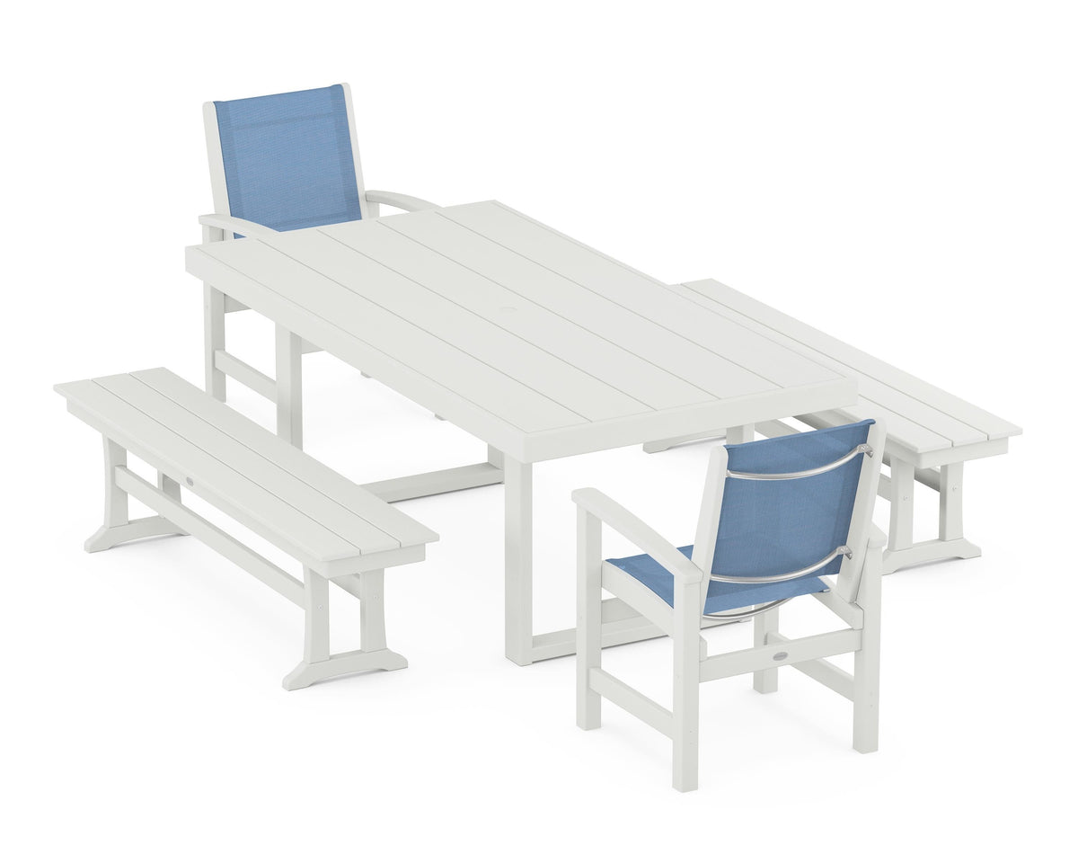 POLYWOOD Coastal 5-Piece Dining Set with Trestle Legs with EDGE 40" x 78" Dining Table in Vintage White / Poolside