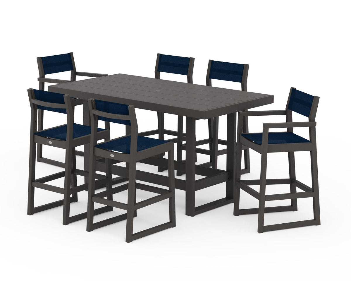 POLYWOOD EDGE Sling 7-Piece Bar Table Set in Vintage Coffee / Navy Blue