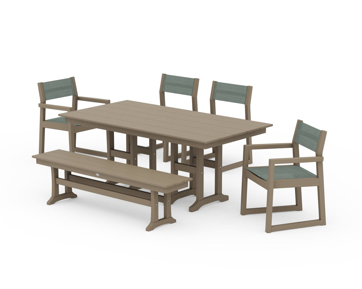 POLYWOOD EDGE Sling 6-Piece Farmhouse Dining Set in Vintage Sahara / Dupioni Sea Mist