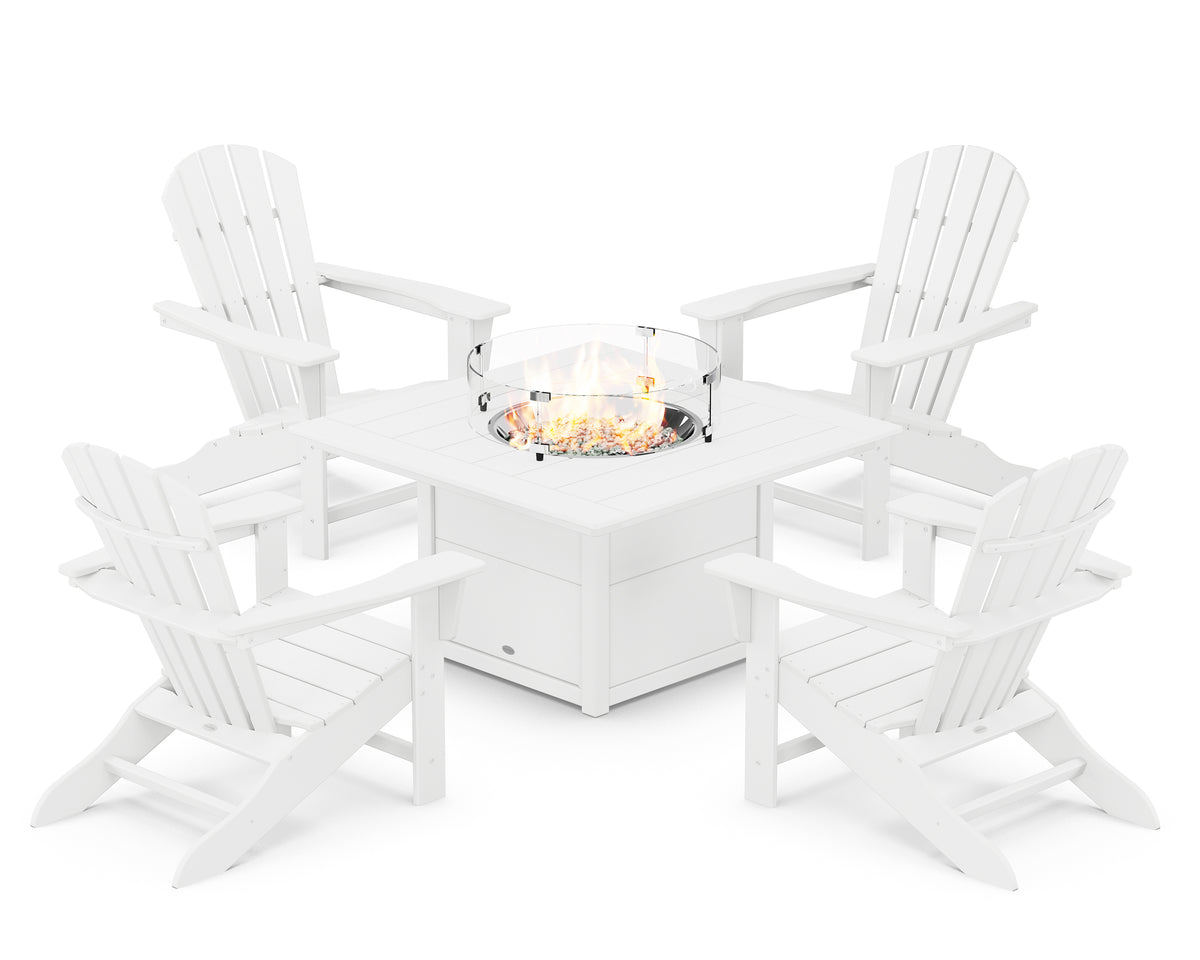 POLYWOOD Palm Coast 5-Piece Adirondack Chair Conversation Set with Fire Pit Table in White