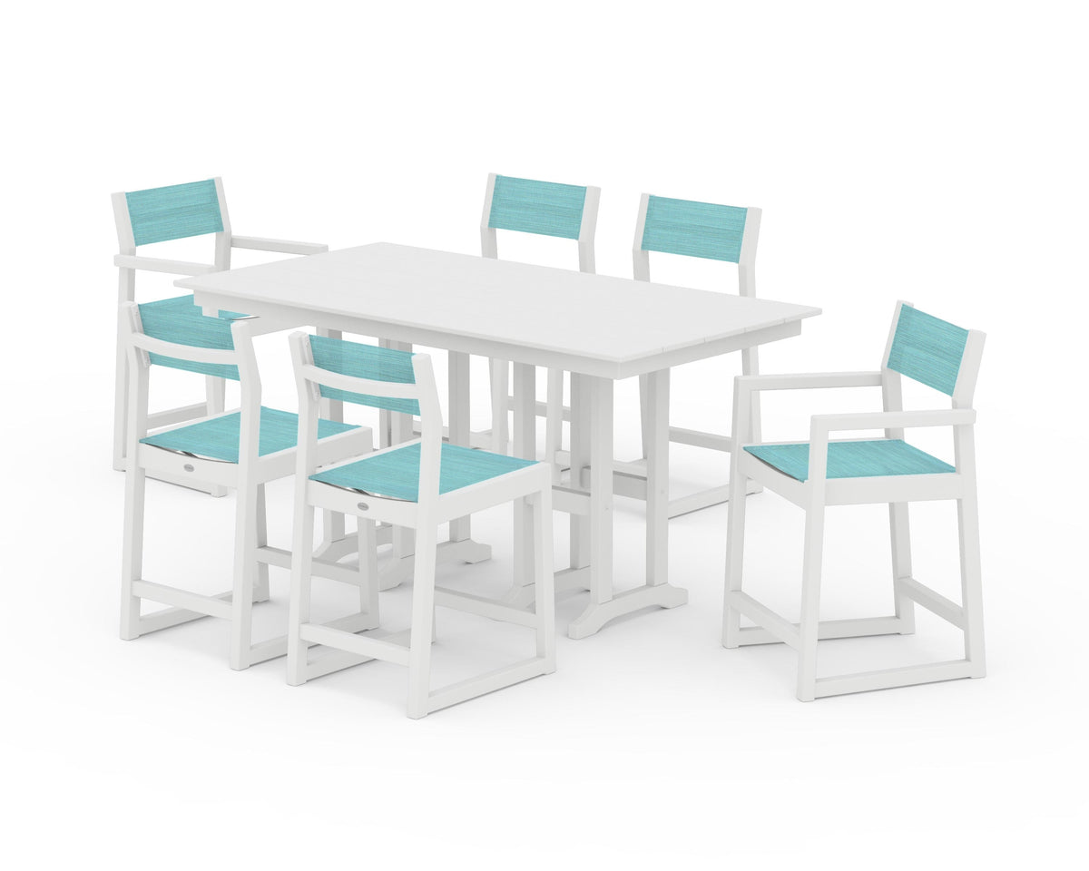 POLYWOOD EDGE Sling 7-Piece Farmhouse Counter Set with Trestle Legs in White / Dupioni Aquamarine