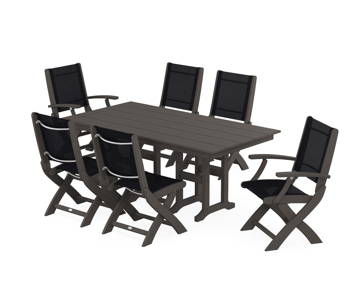 POLYWOOD Coastal Folding Chair 7-Piece Farmhouse Dining Set in Vintage Coffee / Black