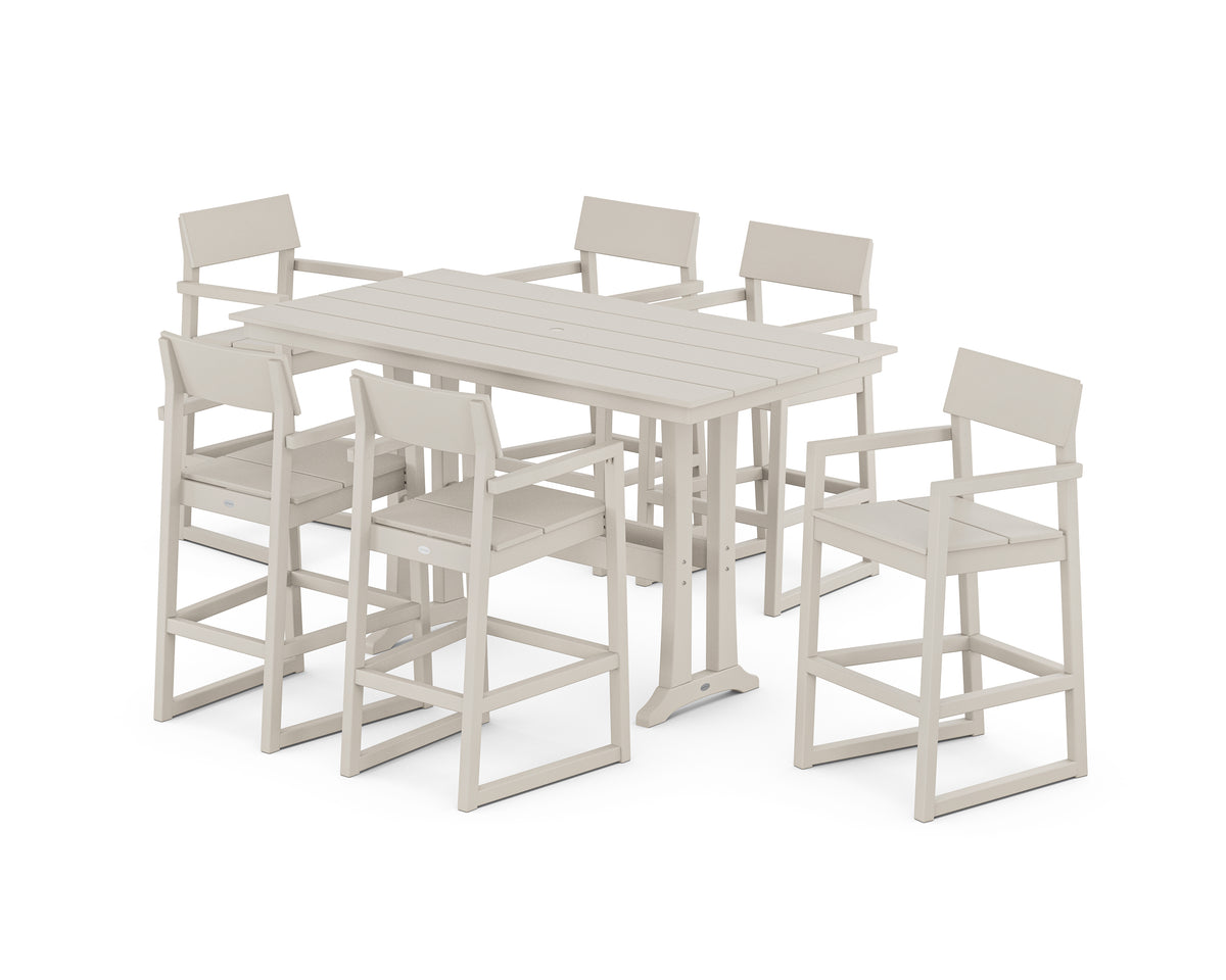 POLYWOOD EDGE Arm Chair 7-Piece Farmhouse Bar Set with Trestle Legs in Sand