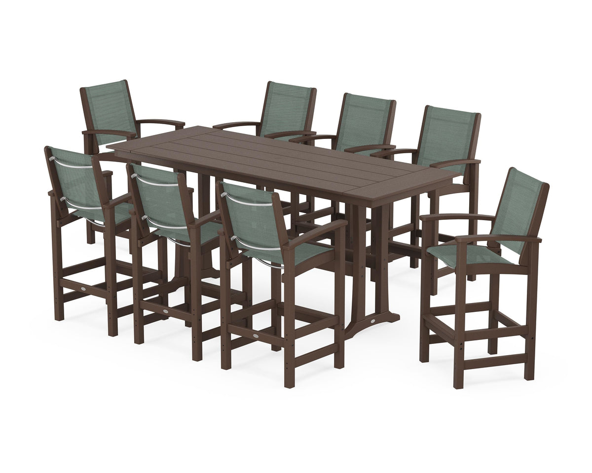 POLYWOOD Coastal 9-Piece Farmhouse Bar Set with Trestle Legs in Mahogany / Dupioni Sea Mist