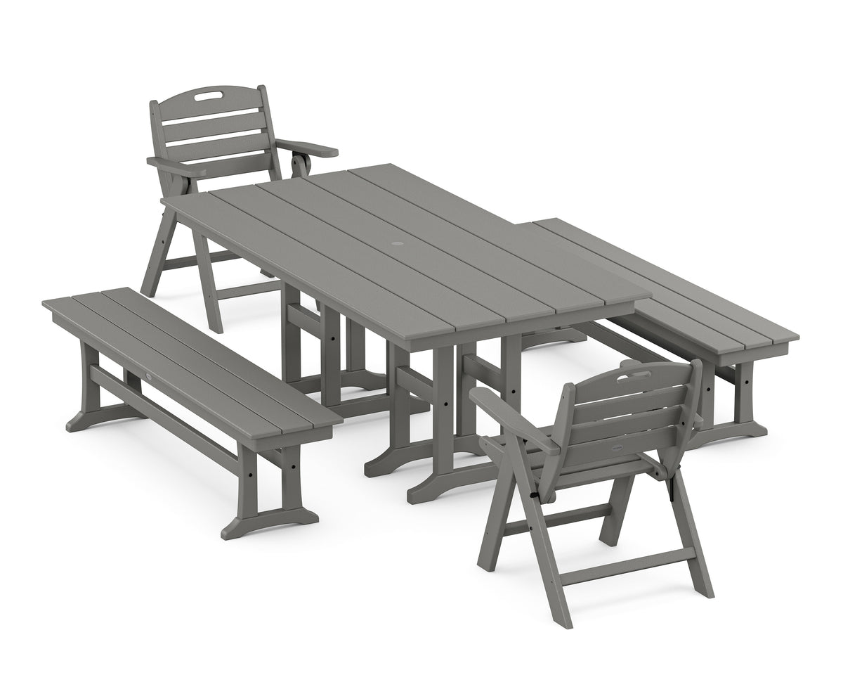 POLYWOOD Nautical Lowback 5-Piece Farmhouse Dining Set with Benches in Slate Grey