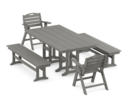 POLYWOOD Nautical Lowback 5-Piece Farmhouse Dining Set with Benches in Slate Grey