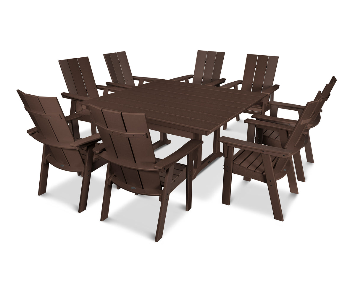 POLYWOOD Modern Curveback Adirondack 9-Piece Farmhouse Trestle Dining Set in Mahogany