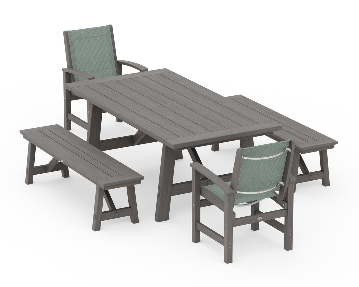 POLYWOOD Coastal 5-Piece Rustic Farmhouse Dining Set With Benches in Driftwood / Dupioni Sea Mist