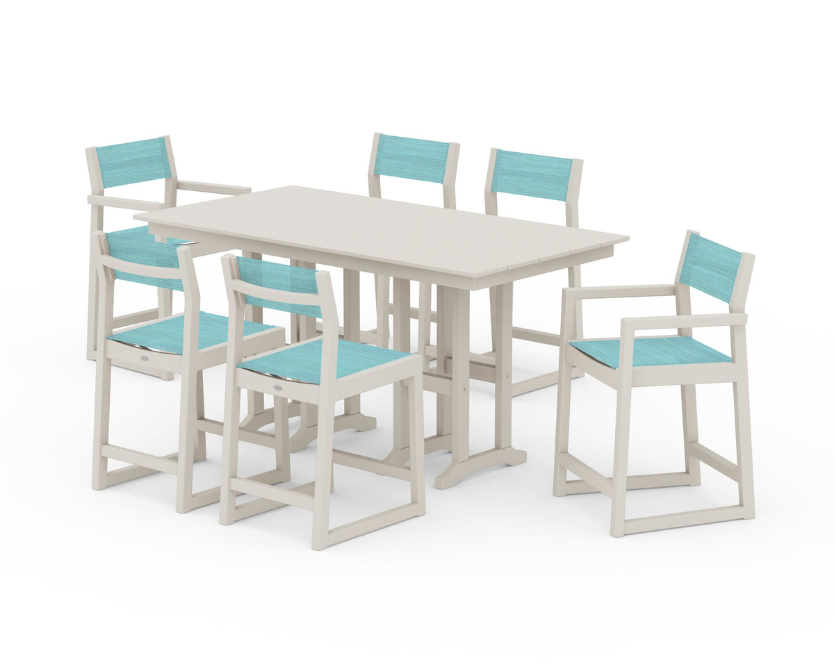 POLYWOOD EDGE Sling 7-Piece Farmhouse Counter Set with Trestle Legs in Sand / Dupioni Aquamarine