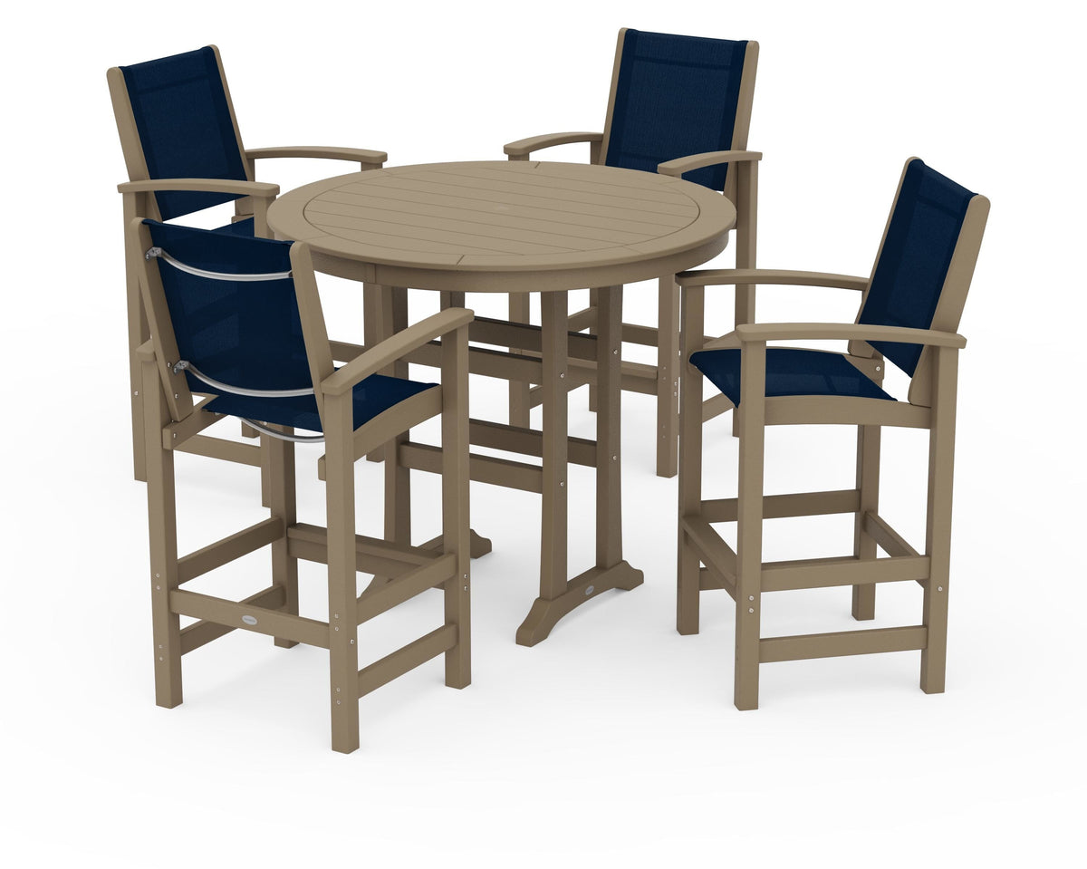 POLYWOOD Coastal 5-Piece Nautical Trestle Bar Set in Vintage Sahara / Navy Blue
