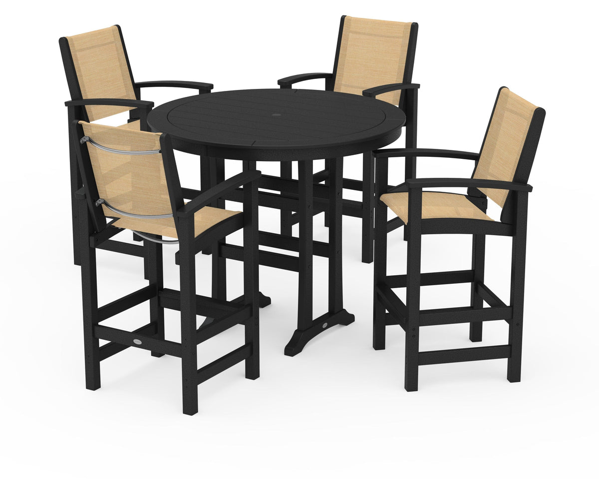 POLYWOOD Coastal 5-Piece Nautical Trestle Bar Set in Black / Dupioni Apricot