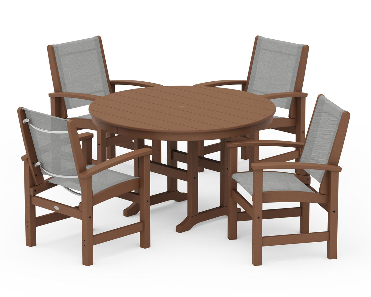 POLYWOOD Coastal 5-Piece Round Farmhouse Dining Set in Teak / Metallic
