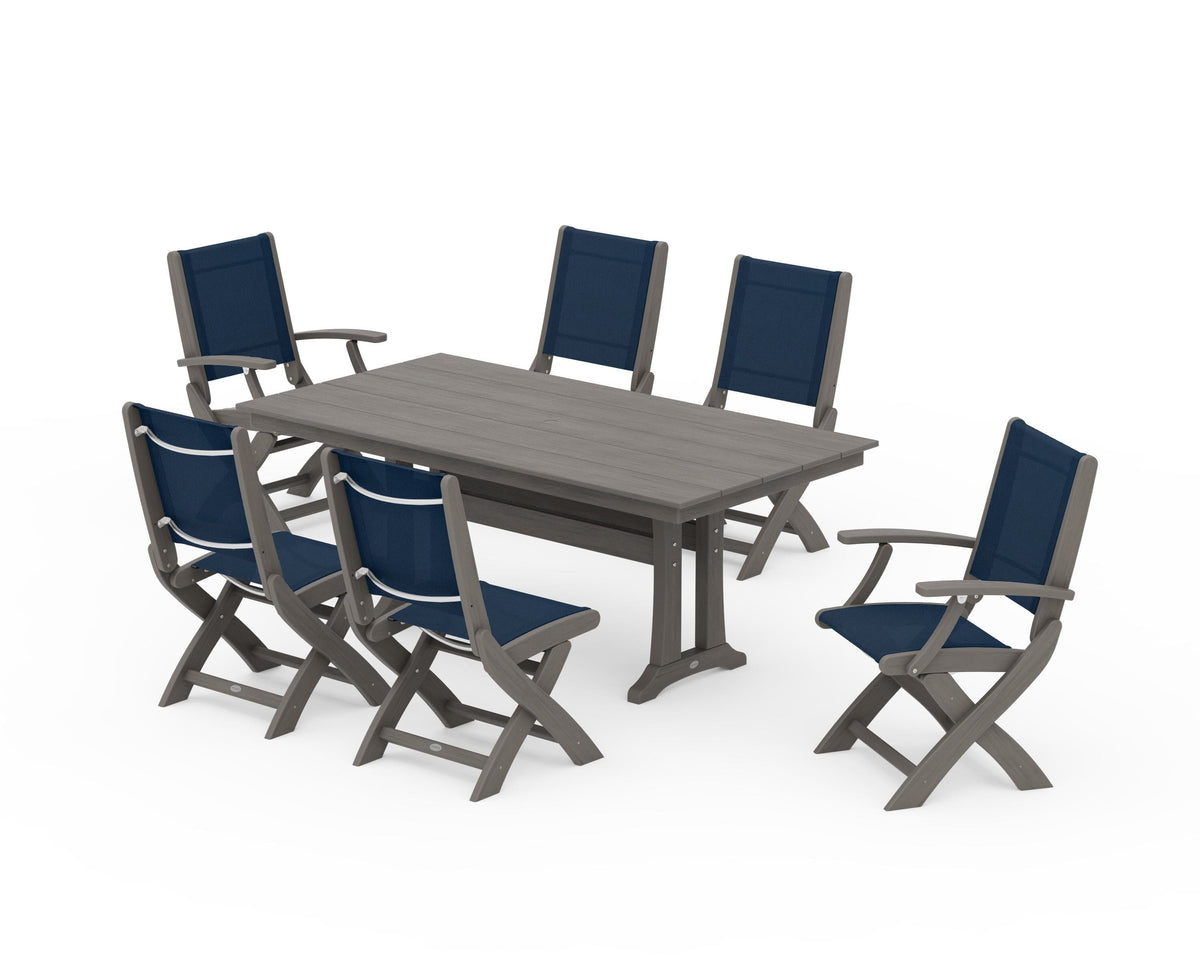POLYWOOD Coastal Folding Chair 7-Piece Farmhouse Dining Set with Trestle Legs in Driftwood / Navy Blue