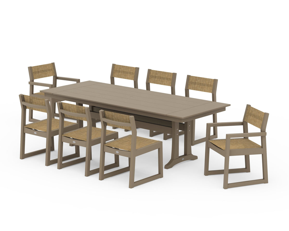 POLYWOOD EDGE Sling 9-Piece Farmhouse Trestle Dining Set in Vintage Sahara / Burlap