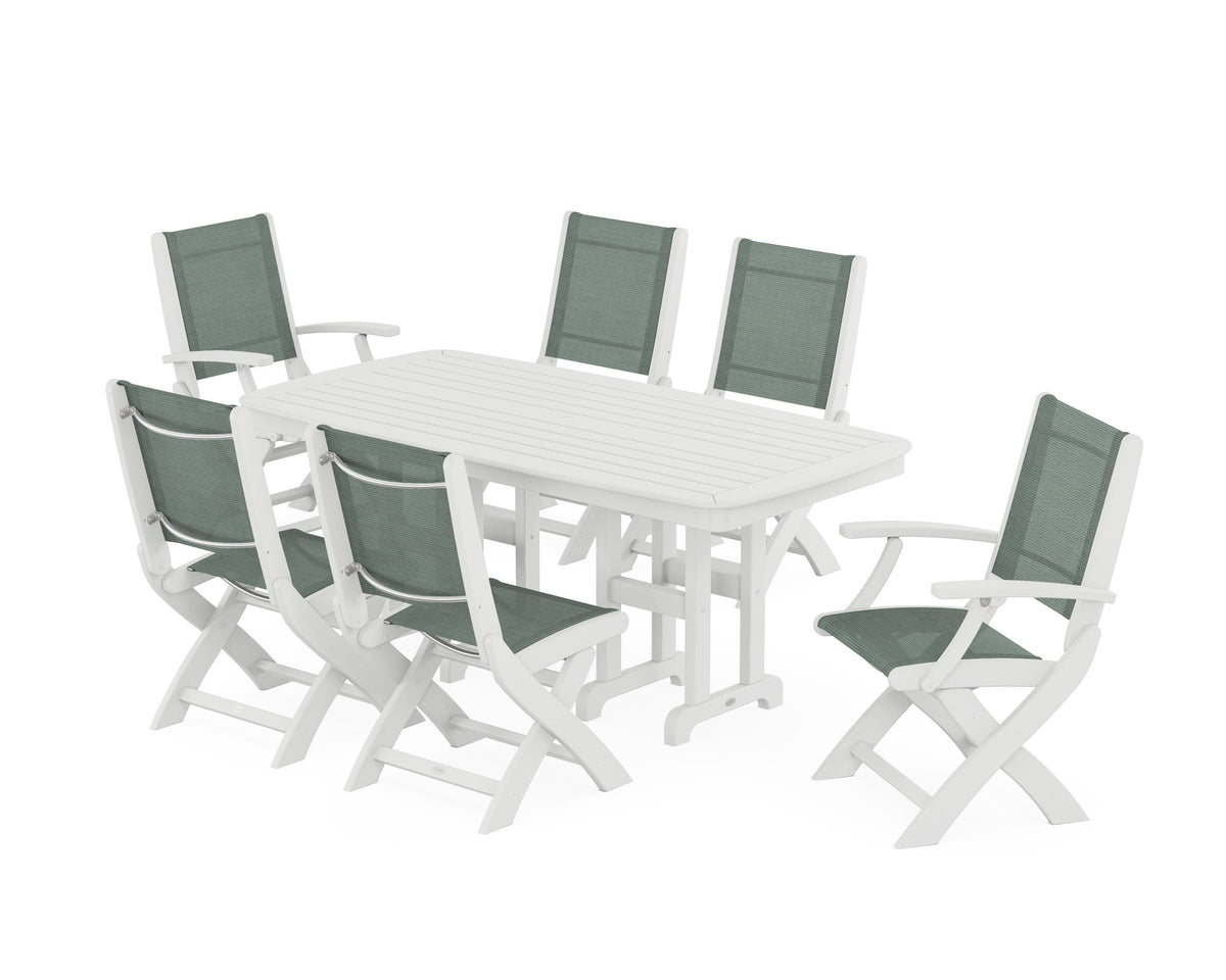 POLYWOOD Coastal Folding Chair 7-Piece Dining Set in White / Dupioni Sea Mist