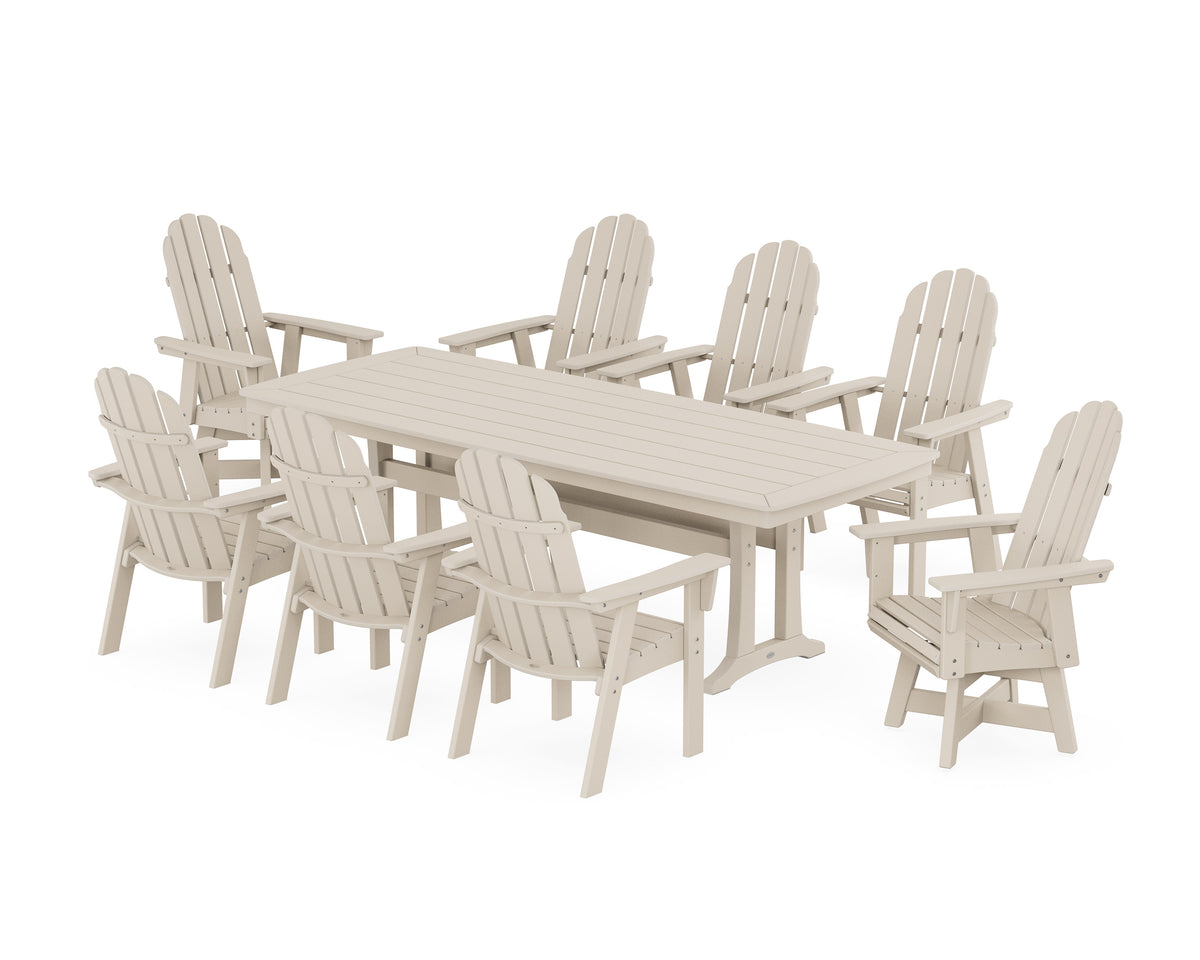 POLYWOOD Vineyard Curveback Adirondack Swivel 9-Piece Dining Set with Trestle Legs in Sand