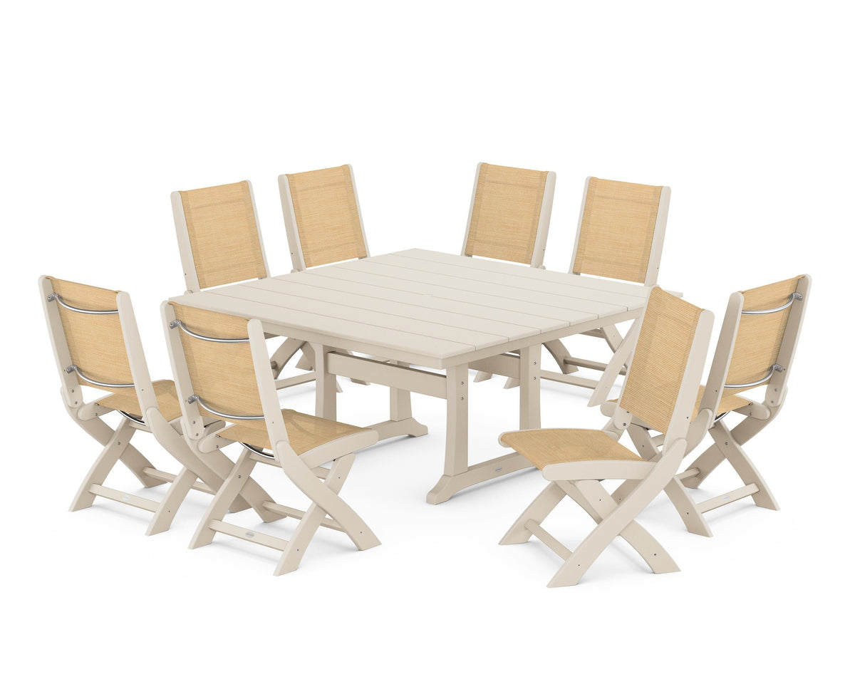 POLYWOOD Coastal Folding Side Chair 9-Piece Farmhouse Dining Set in Sand / Dupioni Apricot