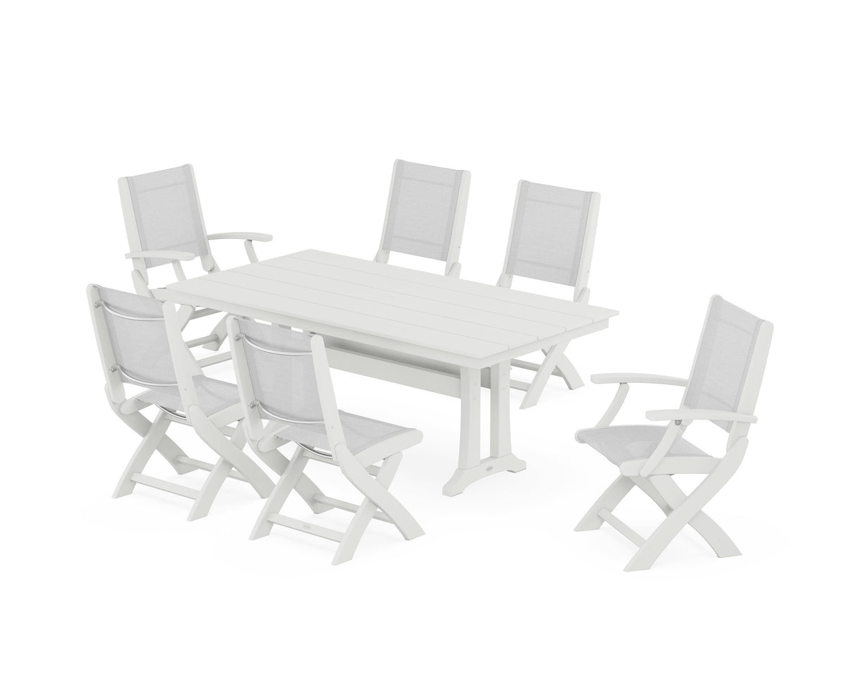 POLYWOOD Coastal Folding Chair 7-Piece Farmhouse Dining Set with Trestle Legs in Vintage White / White