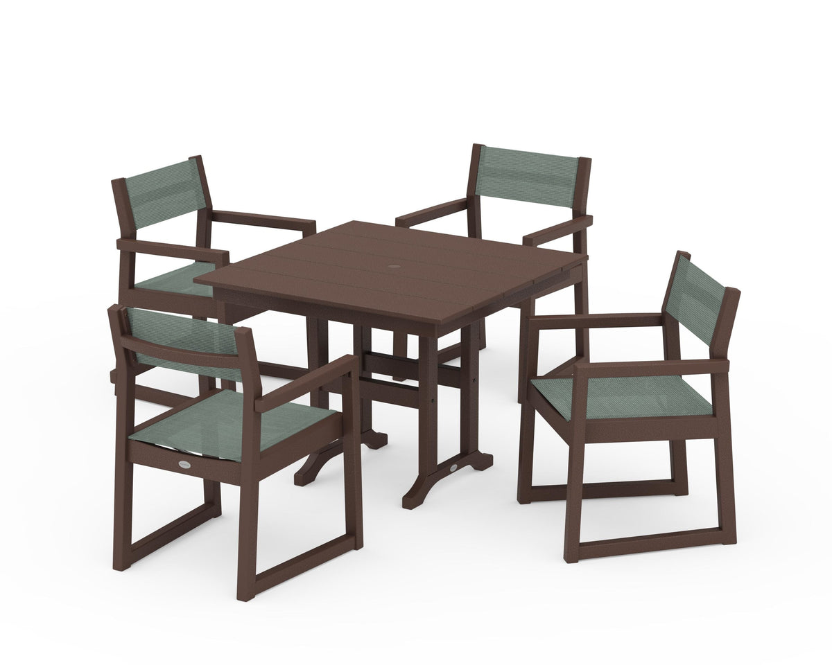POLYWOOD EDGE Sling Arm Chair 5-Piece Farmhouse Dining Set in Mahogany / Dupioni Sea Mist