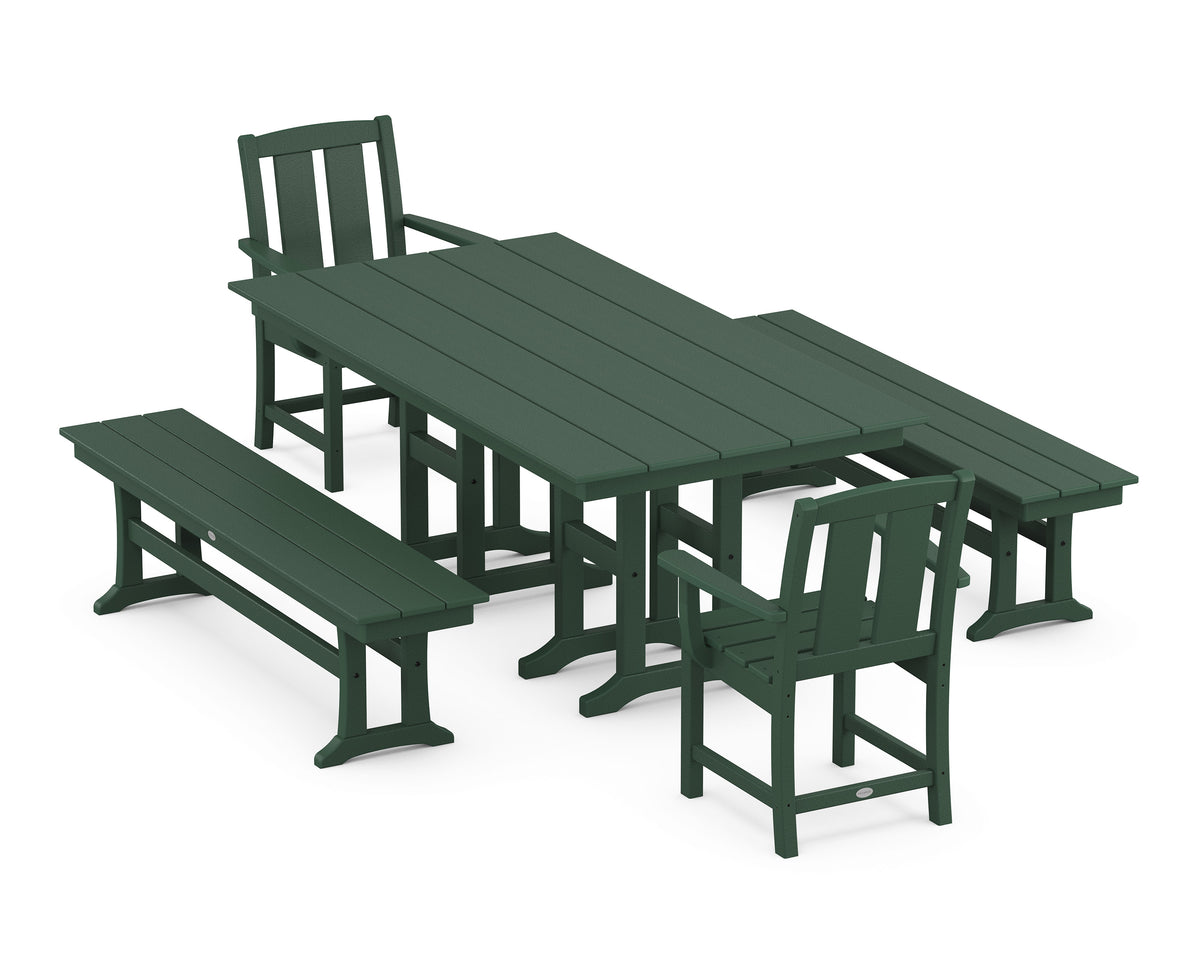 POLYWOOD Mission 5-Piece Farmhouse Dining Set with Benches in Green