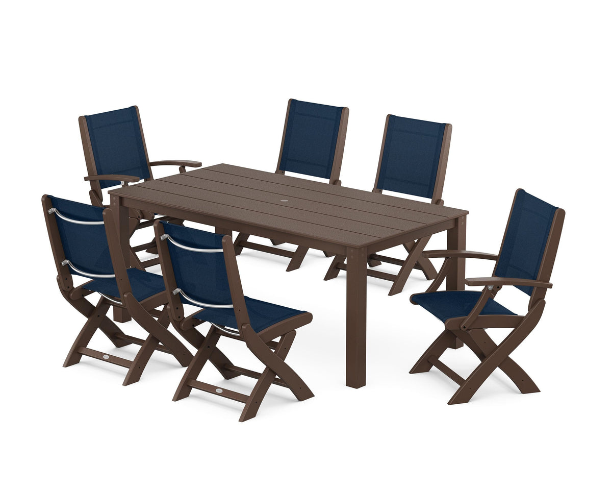 POLYWOOD Coastal Folding Chair 7-Piece Parsons Dining Set with Coastal Folding Side Chair in Mahogany / Navy Blue