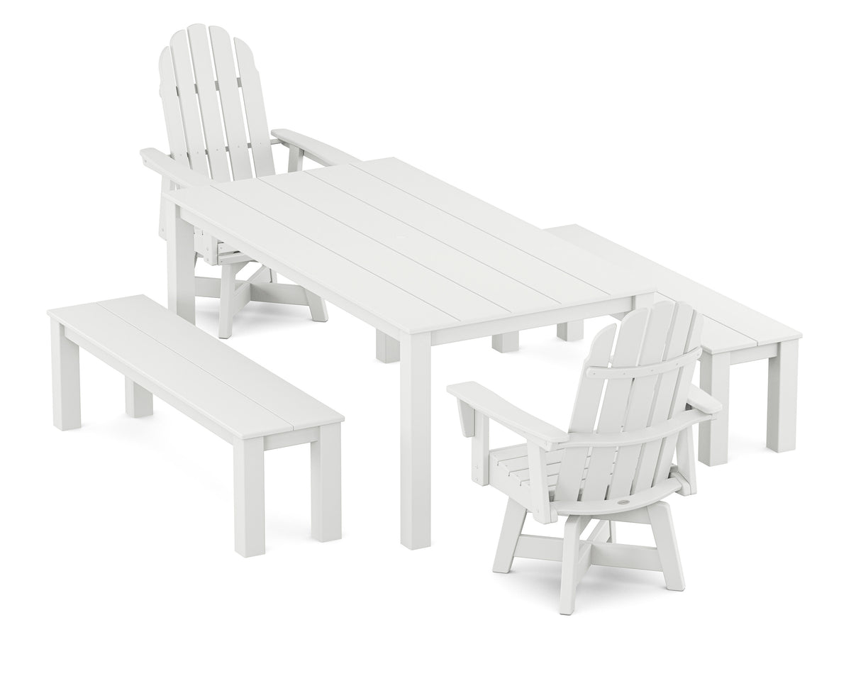 POLYWOOD Vineyard Curveback Adirondack 5-Piece Parsons Swivel Dining Set with Benches in White