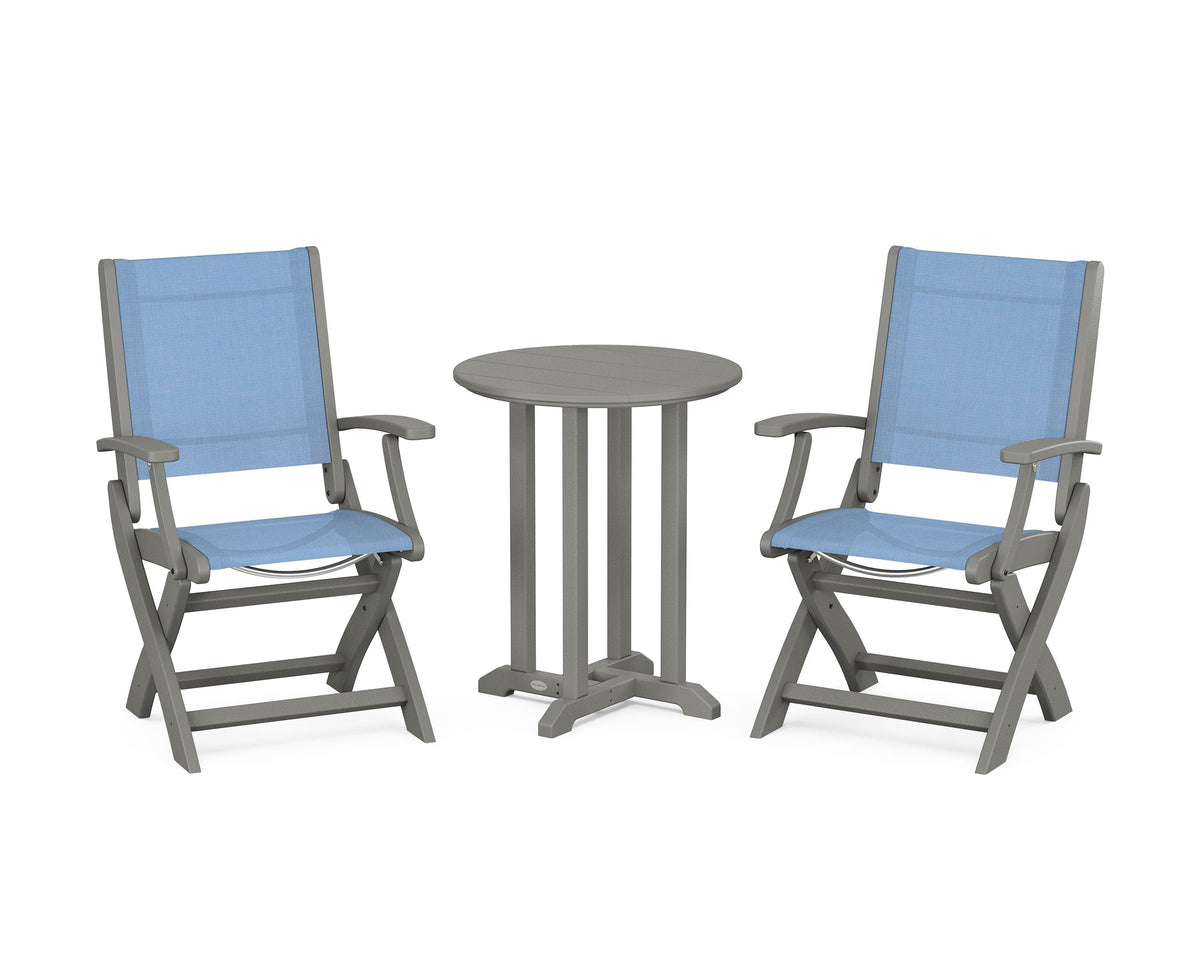 POLYWOOD Coastal Folding 3-Piece Round Bistro Dining Set in Slate Grey / Poolside