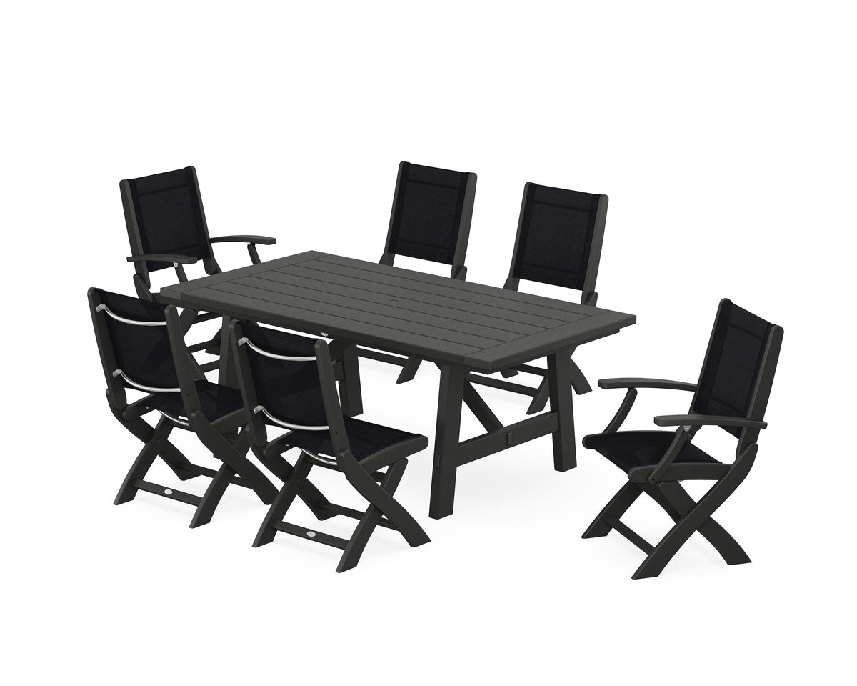 POLYWOOD Coastal Folding Chair 7-Piece Rustic Farmhouse Dining Set in Black / Black