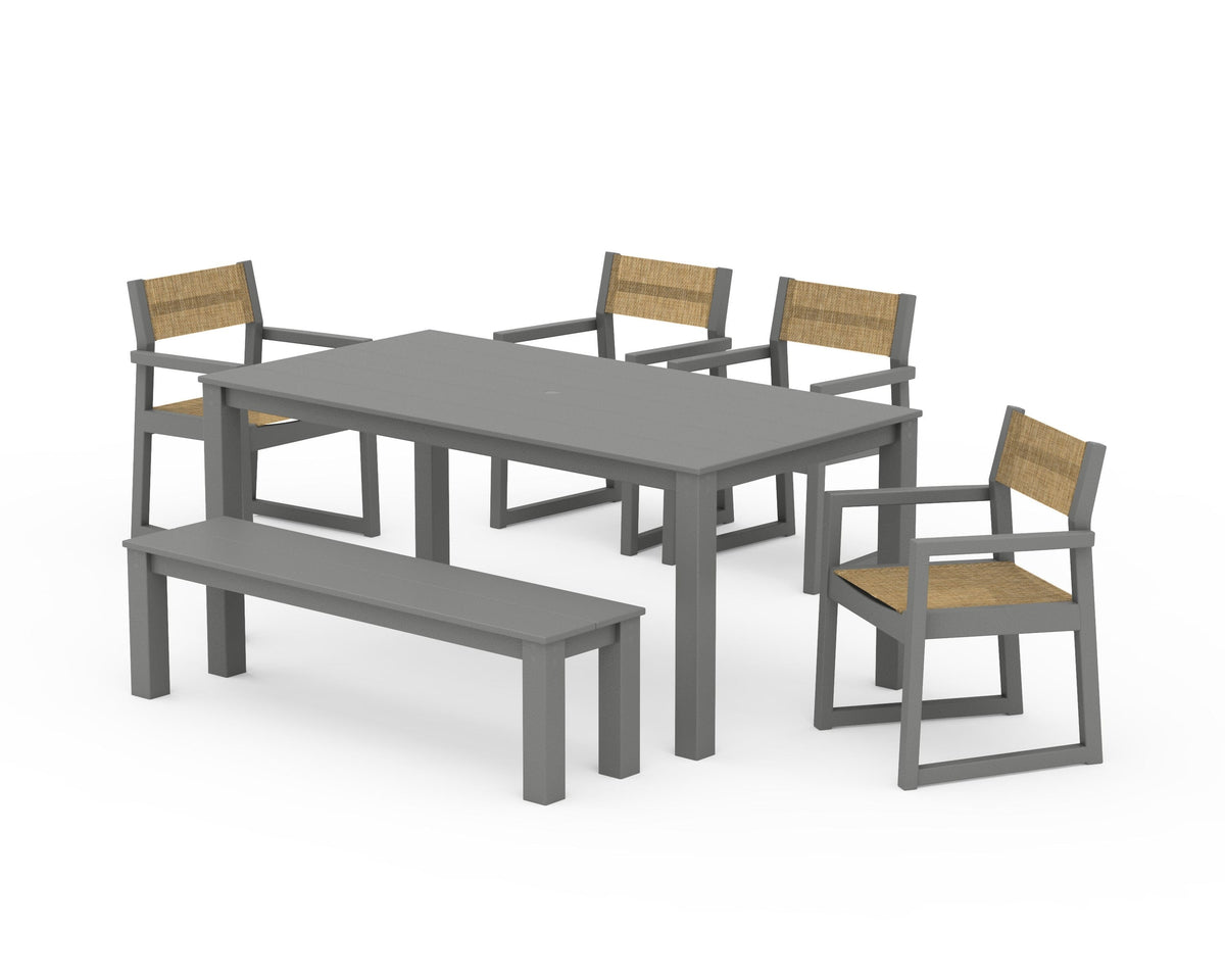 POLYWOOD EDGE Sling Arm Chair 6-Piece Parsons Dining Set with Bench in Slate Grey / Burlap