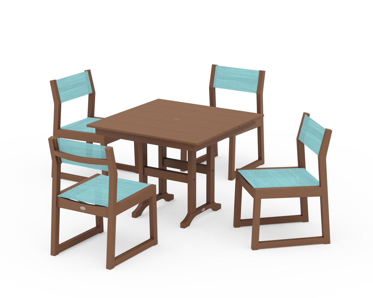 POLYWOOD EDGE Sling Side Chair 5-Piece Farmhouse Dining Set in Teak / Dupioni Aquamarine