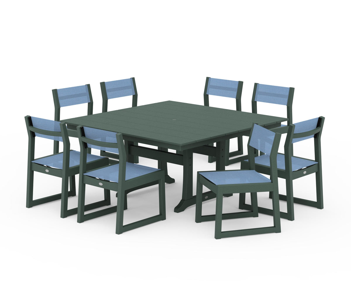 POLYWOOD EDGE Sling Side Chair 9-Piece Farmhouse Trestle Dining Set in Green / Poolside