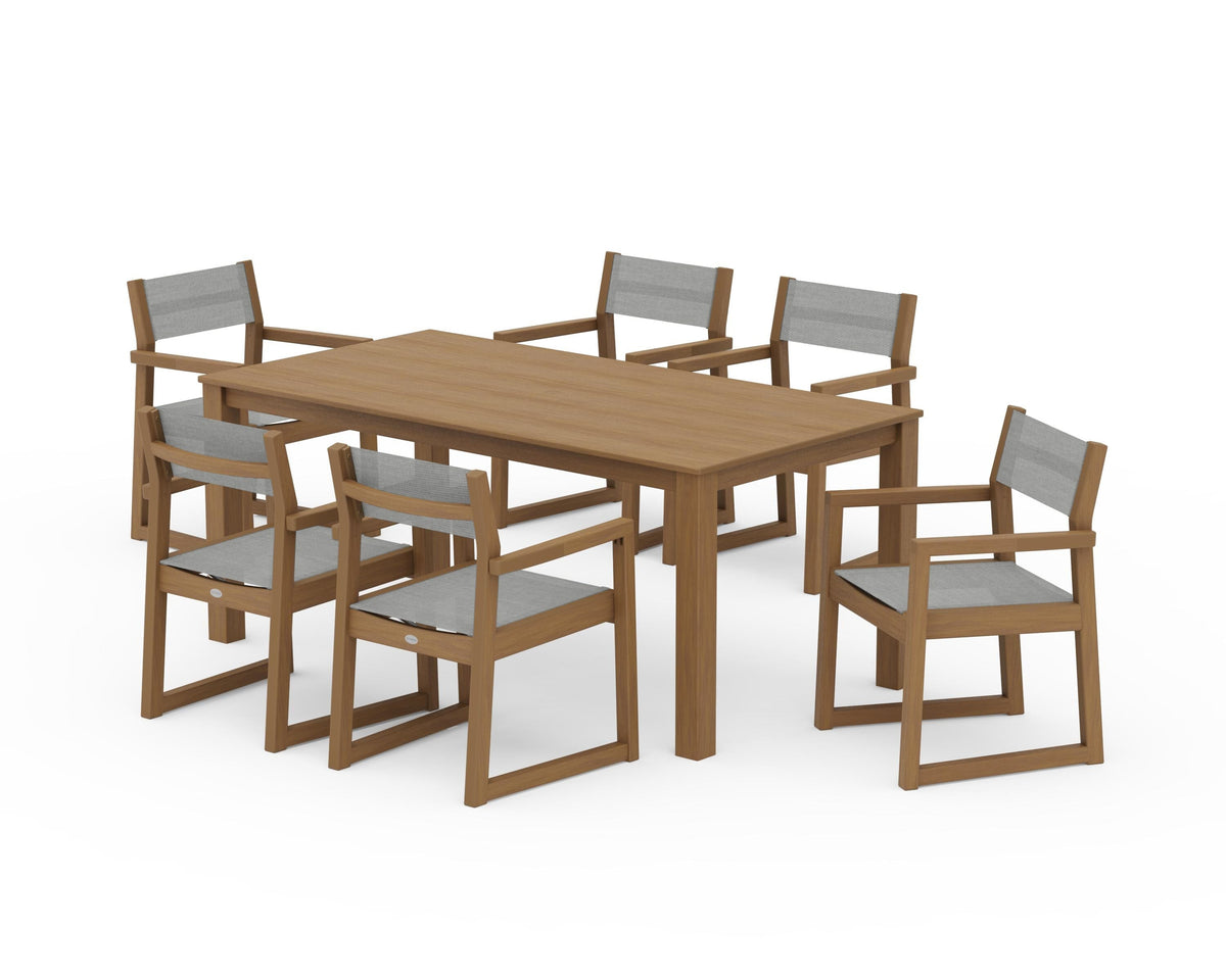POLYWOOD EDGE Sling Arm Chair 7-Piece Parsons Dining Set in Natural / Metallic