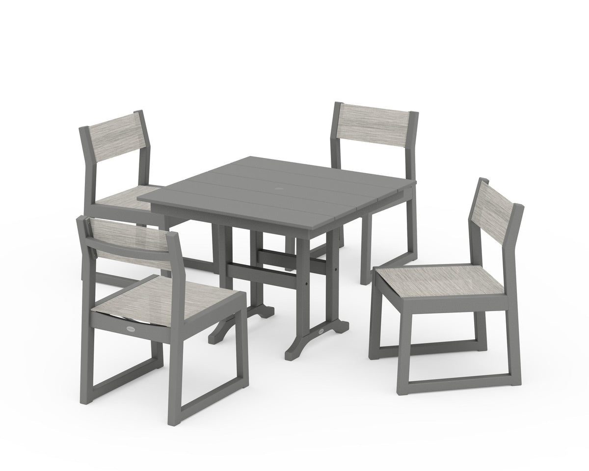 POLYWOOD EDGE Sling Side Chair 5-Piece Farmhouse Dining Set in Slate Grey / Birch