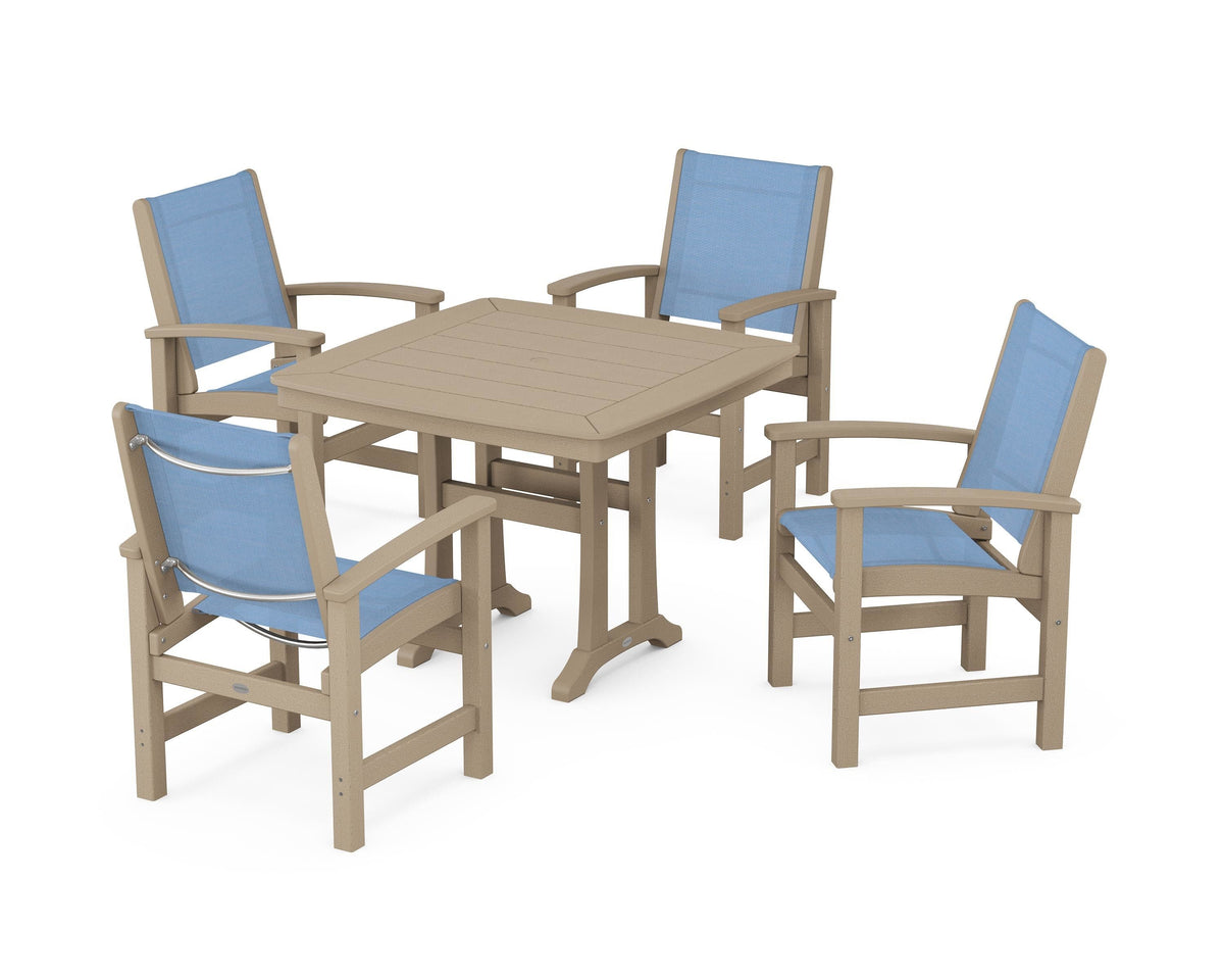 POLYWOOD Coastal 5-Piece Dining Set with Trestle Legs with Nautical Trestle 37" Dining Table in Vintage Sahara / Poolside