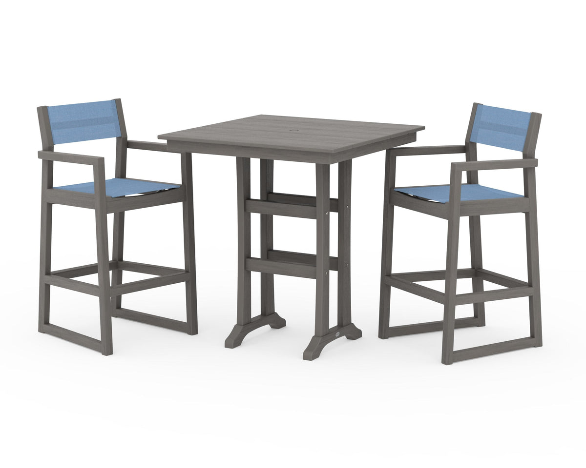POLYWOOD EDGE Sling Arm Chair 3-Piece Farmhouse Bar Set with Trestle Legs in Driftwood / Poolside
