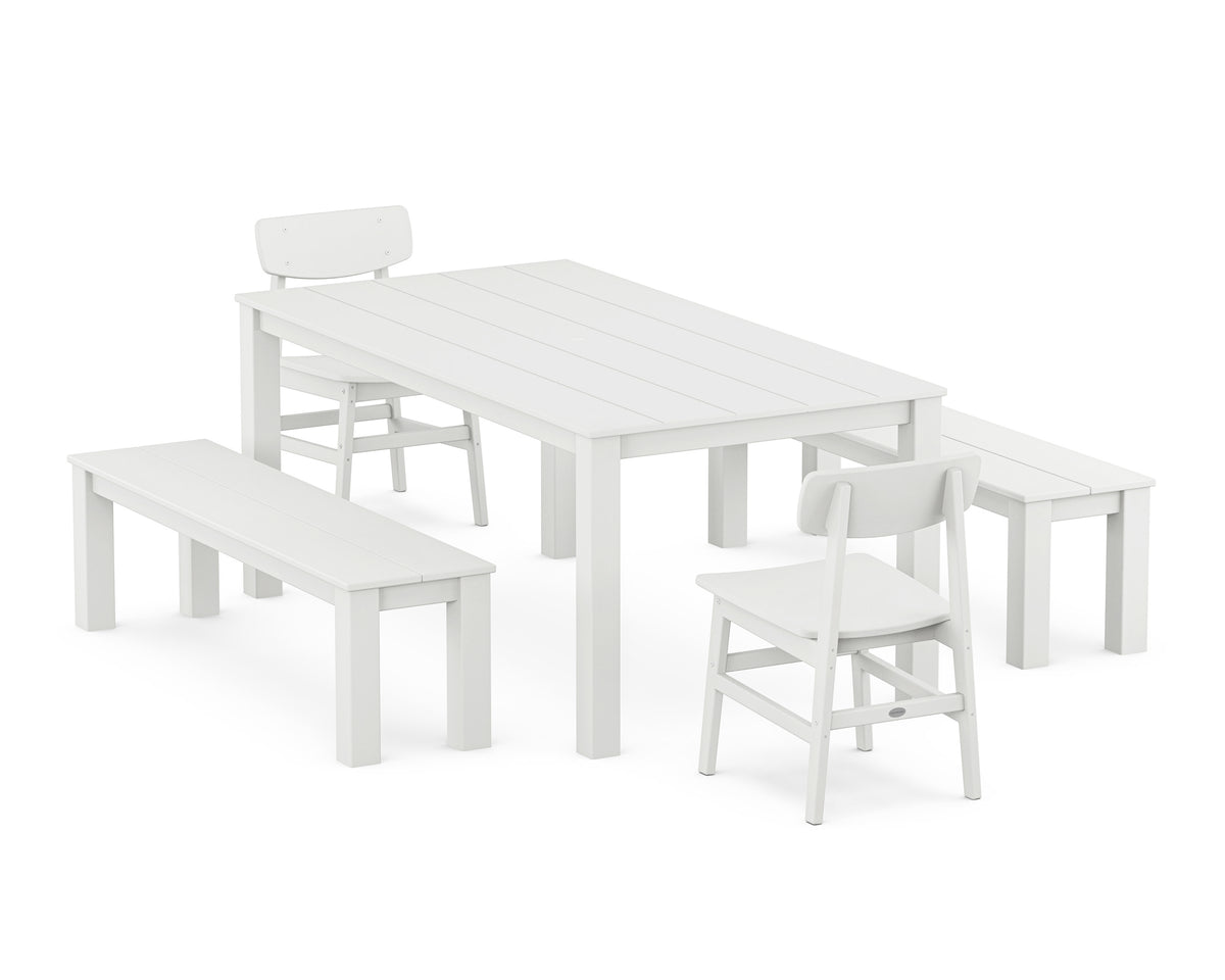 POLYWOOD Modern Studio Urban Chair 5-Piece Parsons Dining Set with Benches - 38" x 72" Table in White