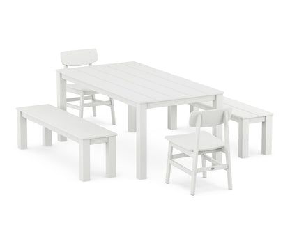POLYWOOD Modern Studio Urban Chair 5-Piece Parsons Dining Set with Benches - 38" x 72" Table in White